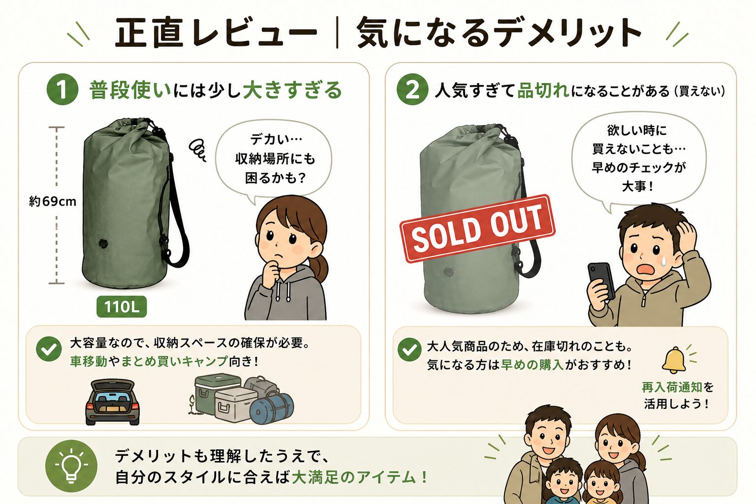 ユージャックのドライバッグ110Lのデメリットを解説｜大きすぎる点と品切れリスクを分かりやすく紹介した図解