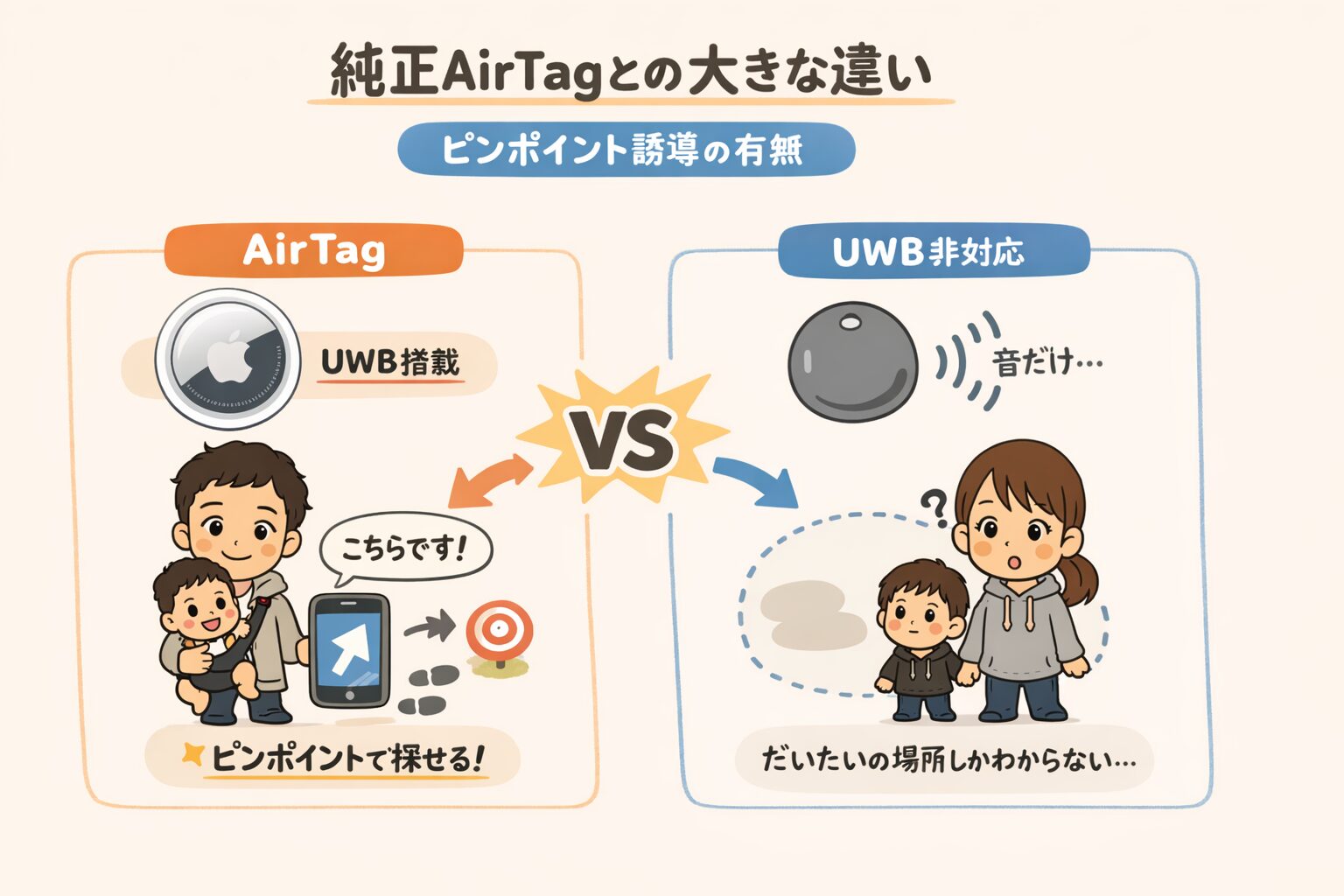 純正AirTagとの大きな違いについてピンポイント誘導の有無を説明