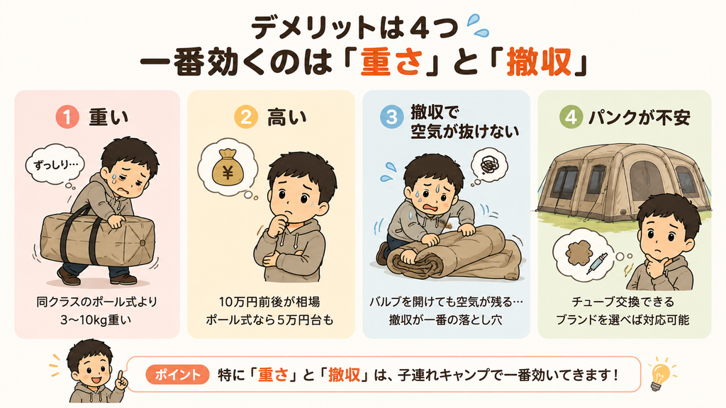 エアーテントのデメリット4つ|重さと撤収がファミリーキャンプでの注意点