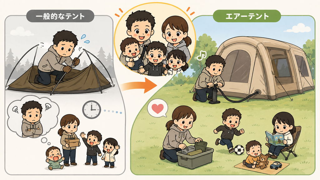 エアーテントなら設営中も子どもの相手ができる|ファミリーキャンプのメリット