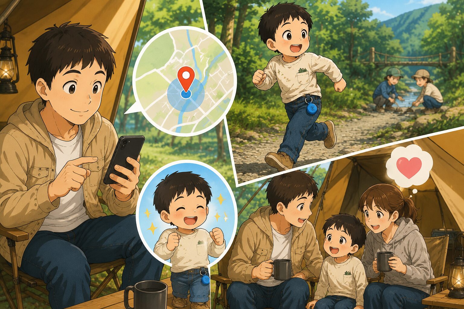 キャンプ場で子どもの居場所をAirTag互換タグで確認して安心する家族のイメージ