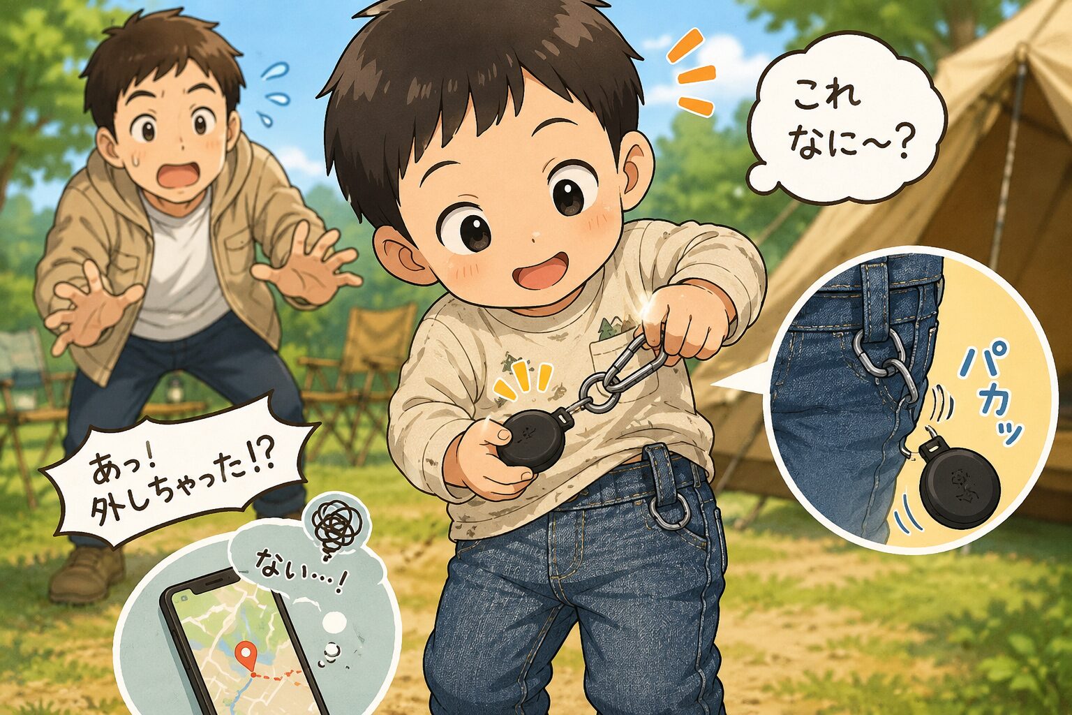 子どもがAirTag互換タグを気になって外してしまいパパが焦るイラスト