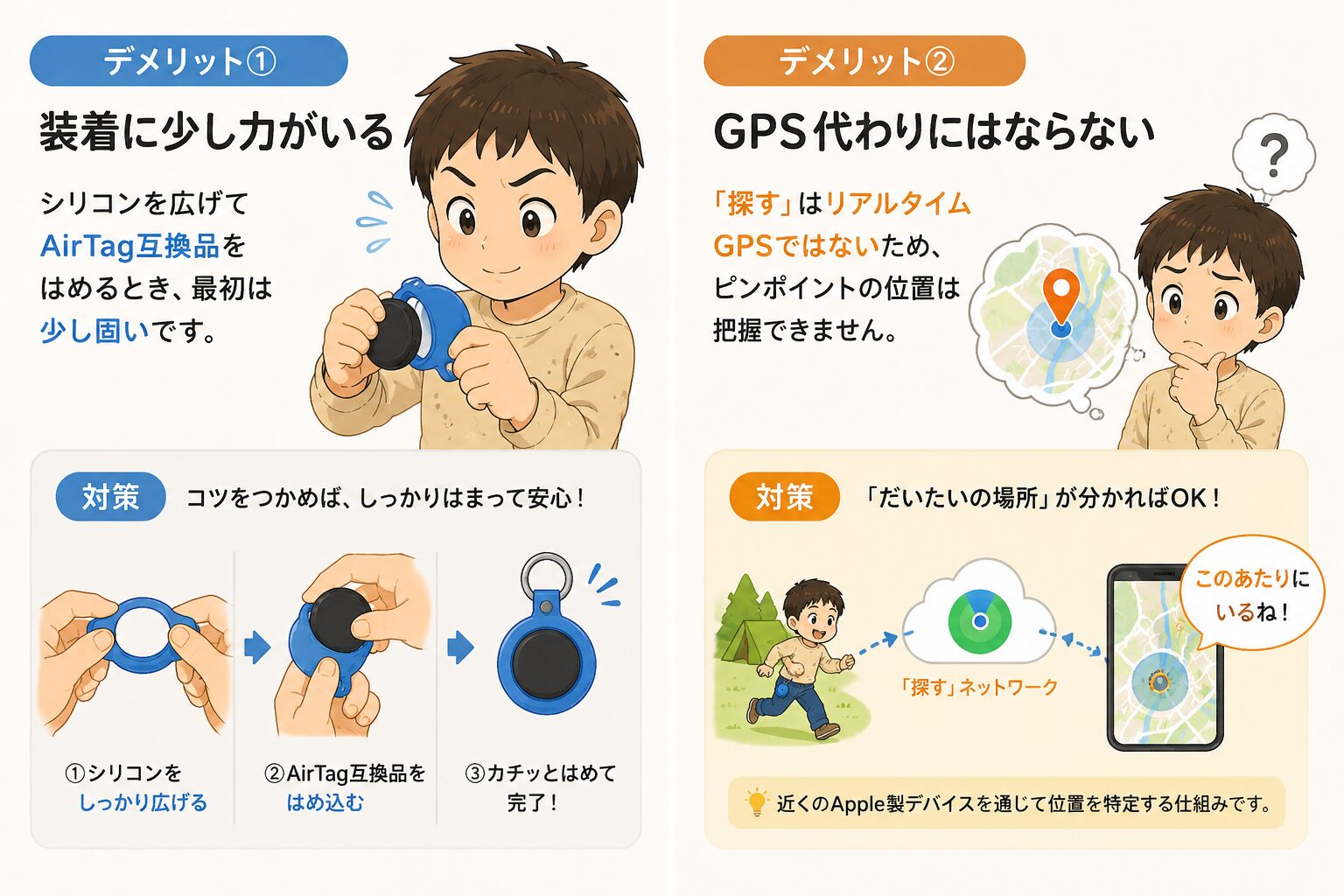 AirTag互換タグのデメリットと対策をわかりやすく解説した図解