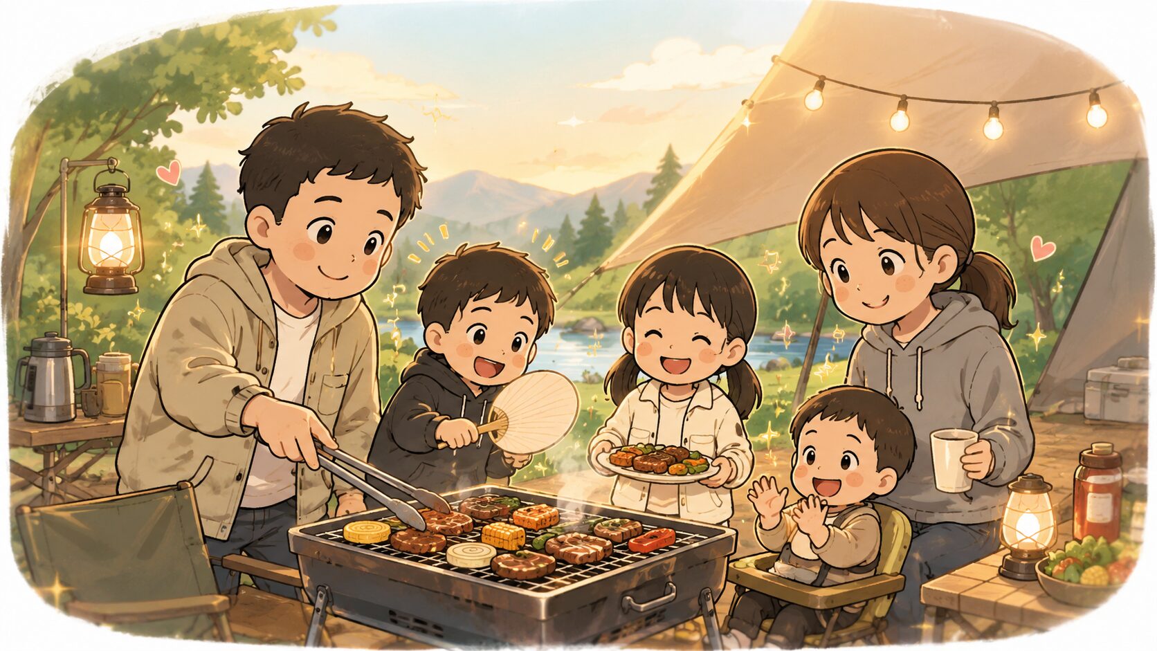子どもと一緒にバーベキューを楽しむ5人家族のファミリーキャンプ風景イラスト