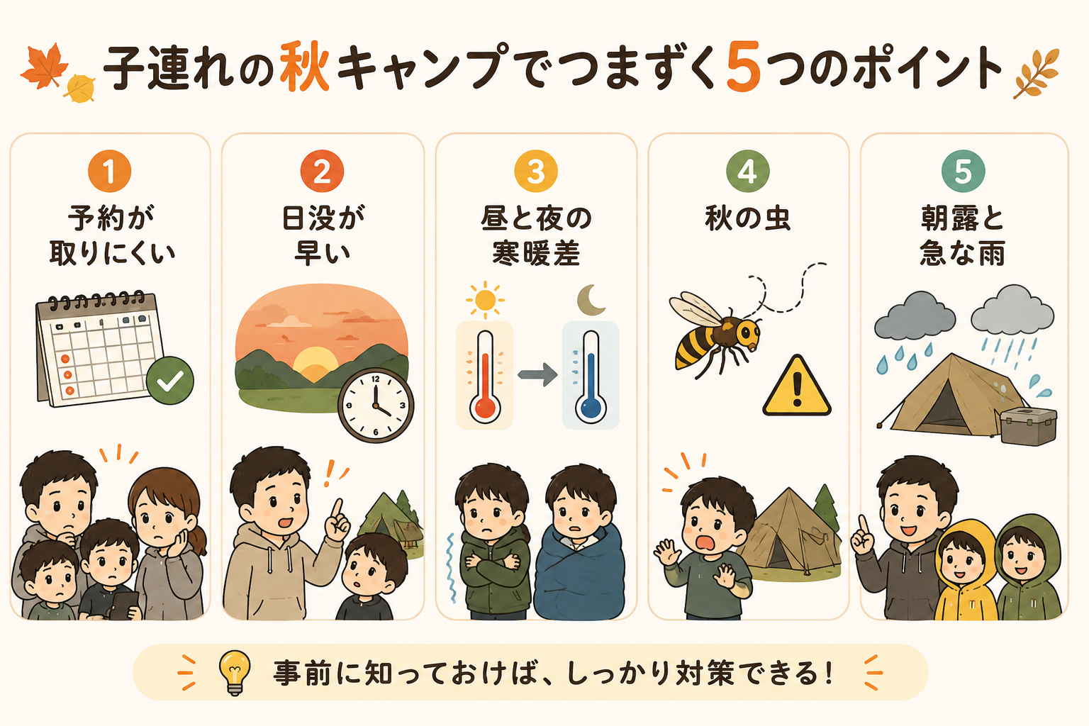 子連れの秋キャンプでつまずく5つのポイントをまとめた図解