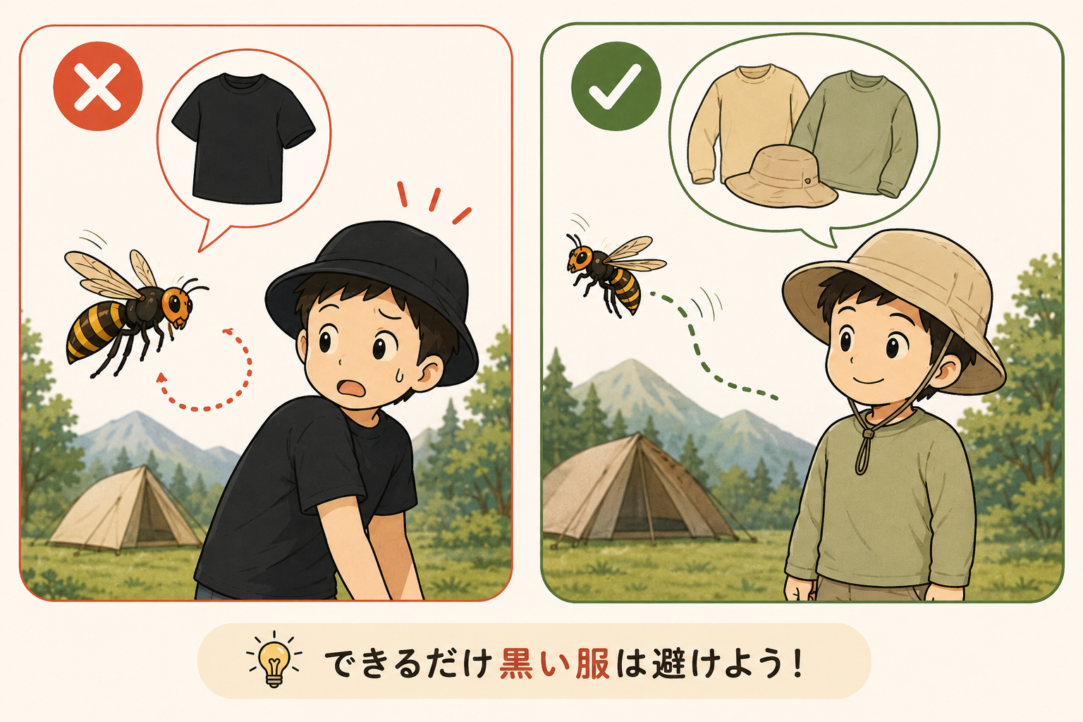秋キャンプでスズメバチ対策として黒い服を避けるイメージ図