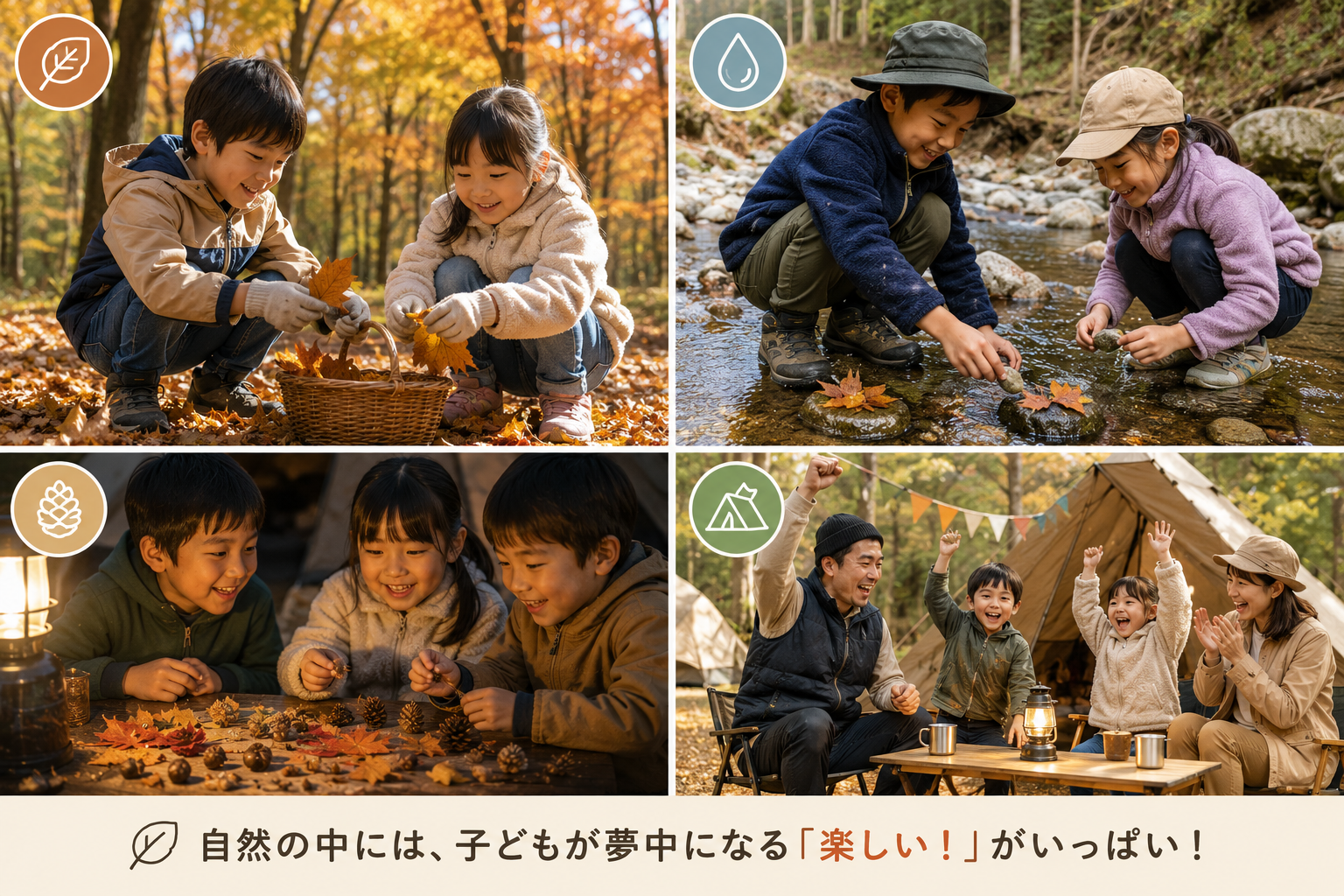 秋キャンプで落ち葉拾いや川遊びなど自然を楽しむ子どもたち