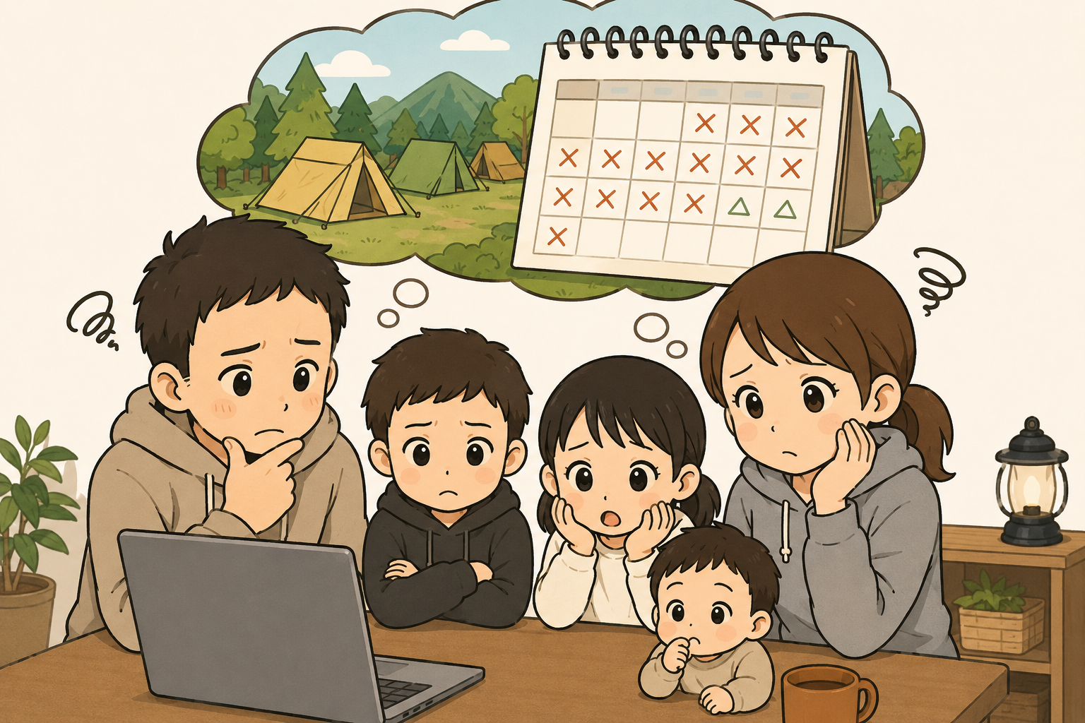 秋キャンプの予約が取りにくく困っている家族のイメージ図