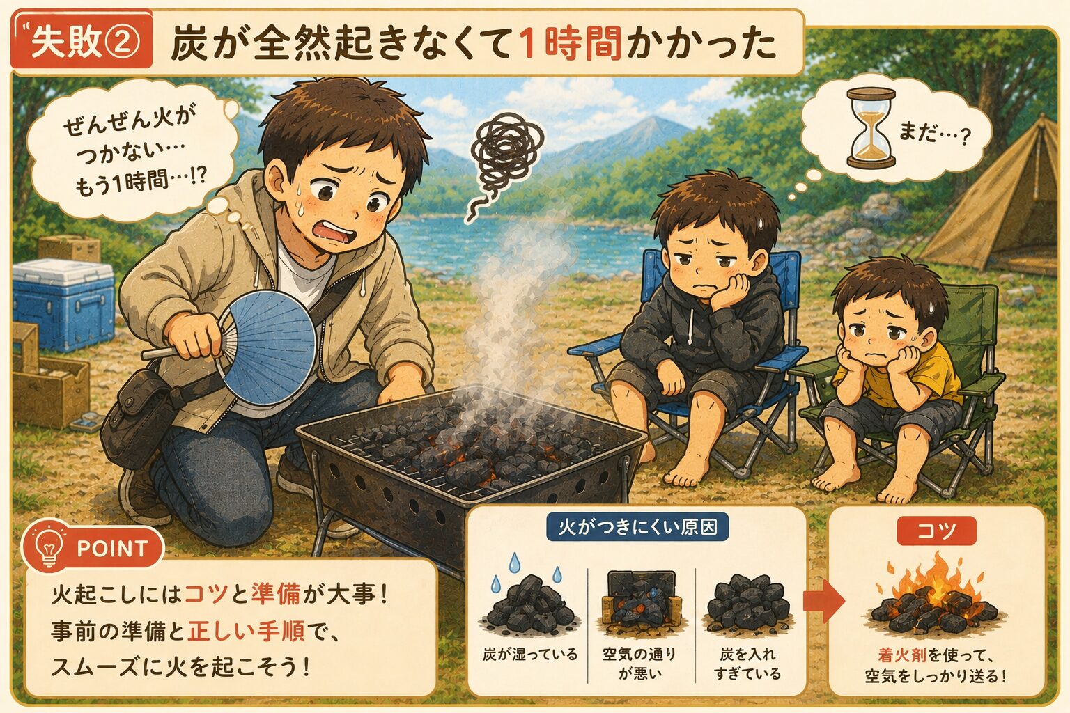 炭に火がつかず苦戦する初心者パパの火起こし失敗を解説した図解