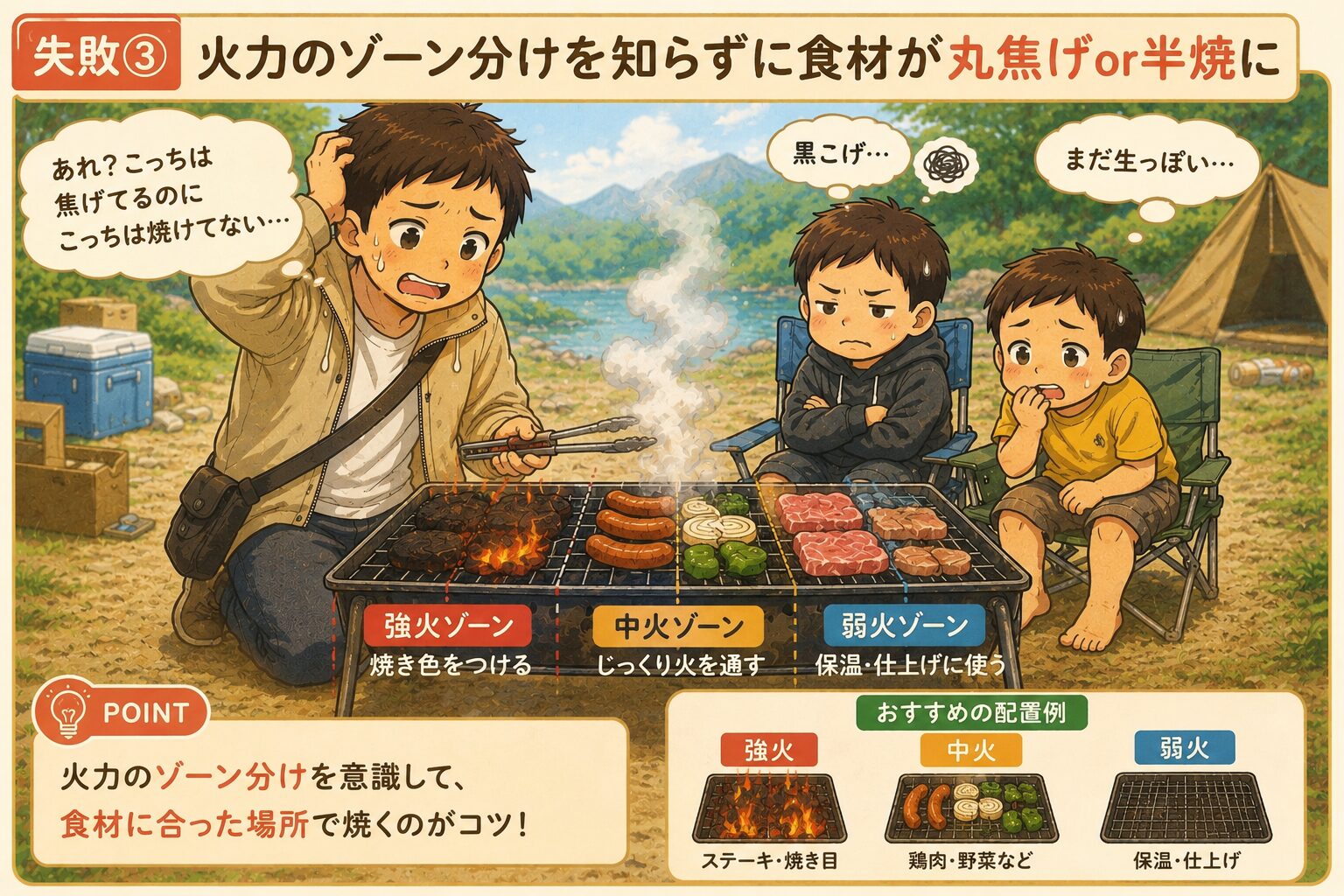 BBQで火力のゾーン分けをせず食材を焦がしてしまう失敗例の図解