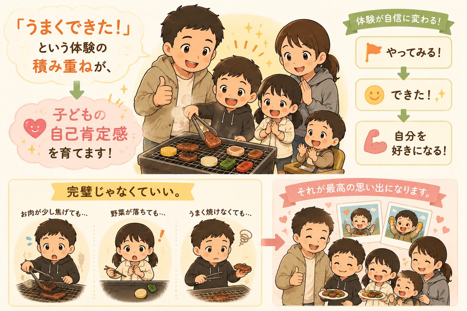 子どもの「できた！」体験が自己肯定感につながる子連れバーベキューのイラスト図解