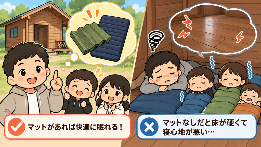 バンガロー泊ではマットが重要であることを示したイラスト