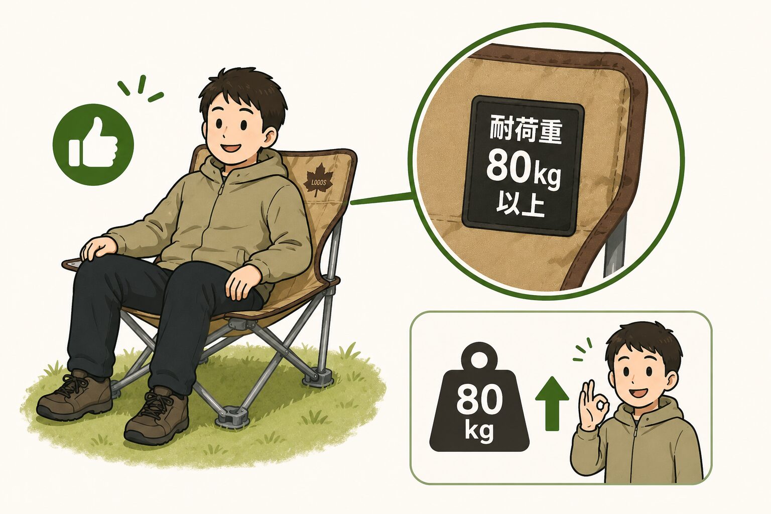 キャンプチェアは耐荷重80kg以上を選べば安心なことを示した図解