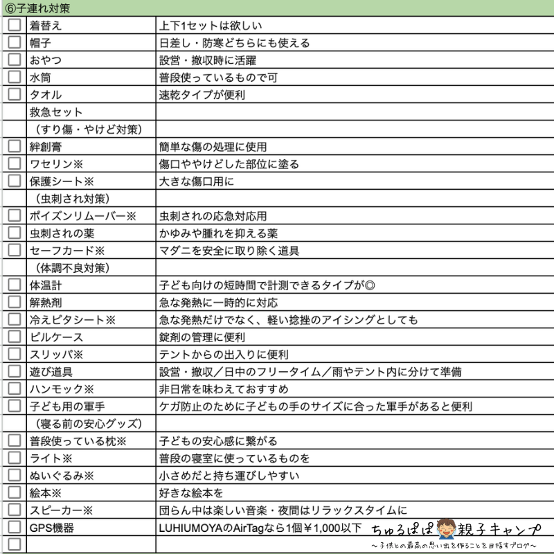 ⑥子連れ対策の必要物品をまとめたチェックシート