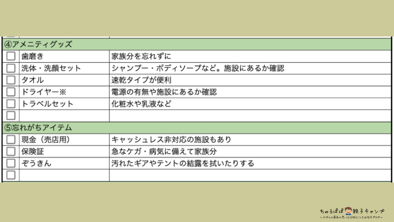 ④・⑤アメニティグッズと忘れがちの物品をまとめたチェックシート