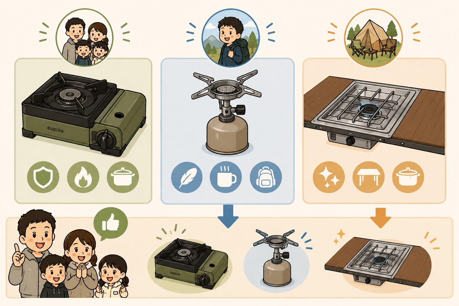 ファミリーキャンプ向けのタフまるくん、シングルバーナー、フラットバーナーの特徴と用途を比較した図解