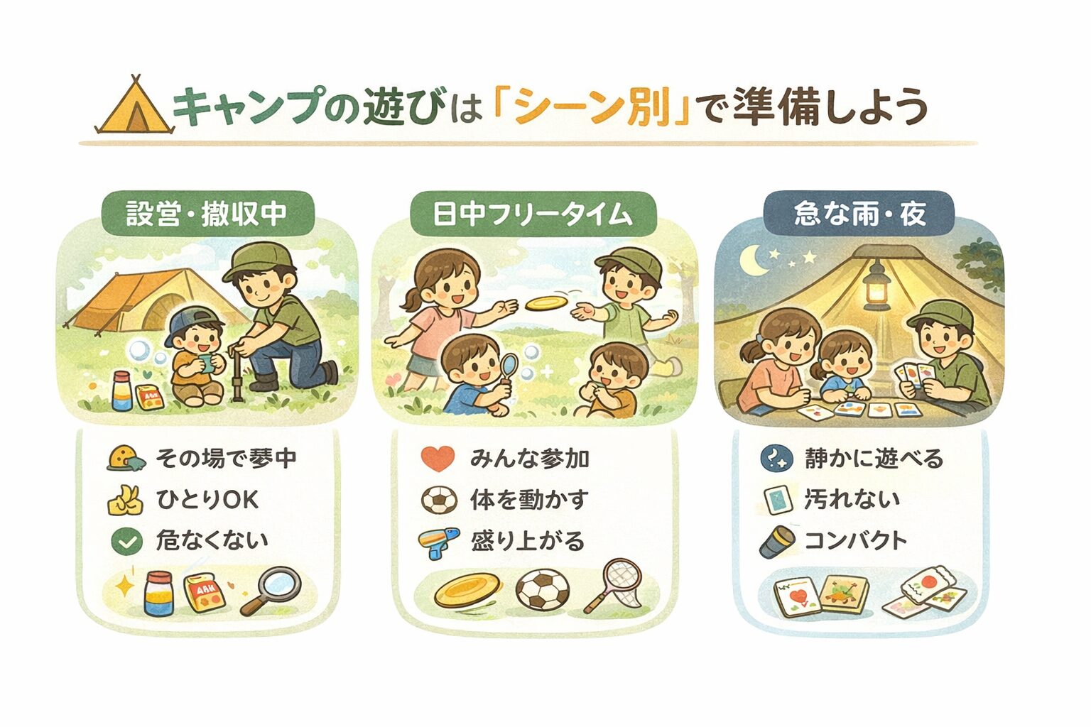 キャンプでおすすめするおもちゃを3つのシーンに分けて解説した図解