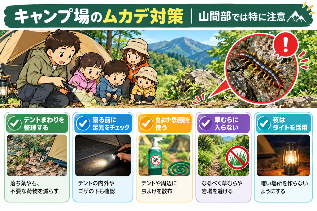 キャンプ場でのムカデ対策と山間部で特に注意したいポイントをまとめた図解