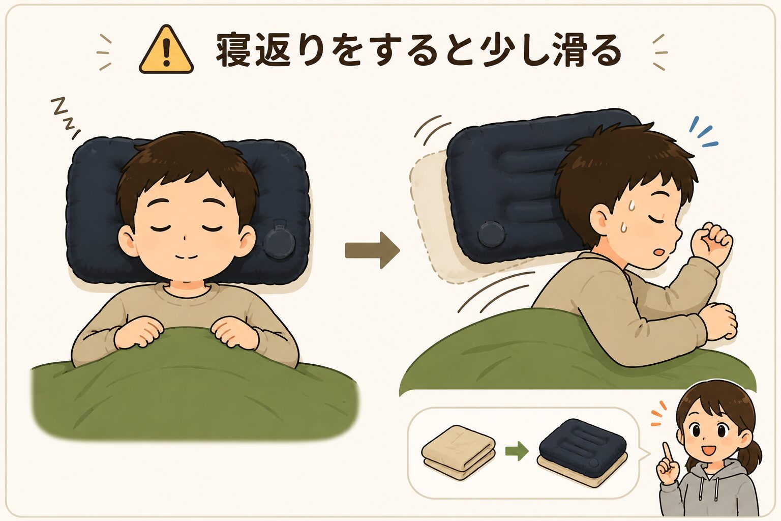寝返り時にキャンプ枕が少し滑る様子とタオルを敷く対策を解説した図解