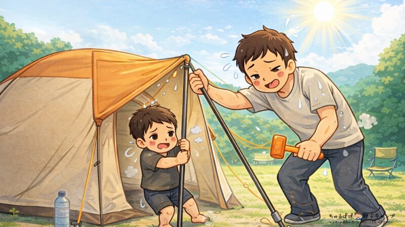 汗だくになりながらタープを設営する親子