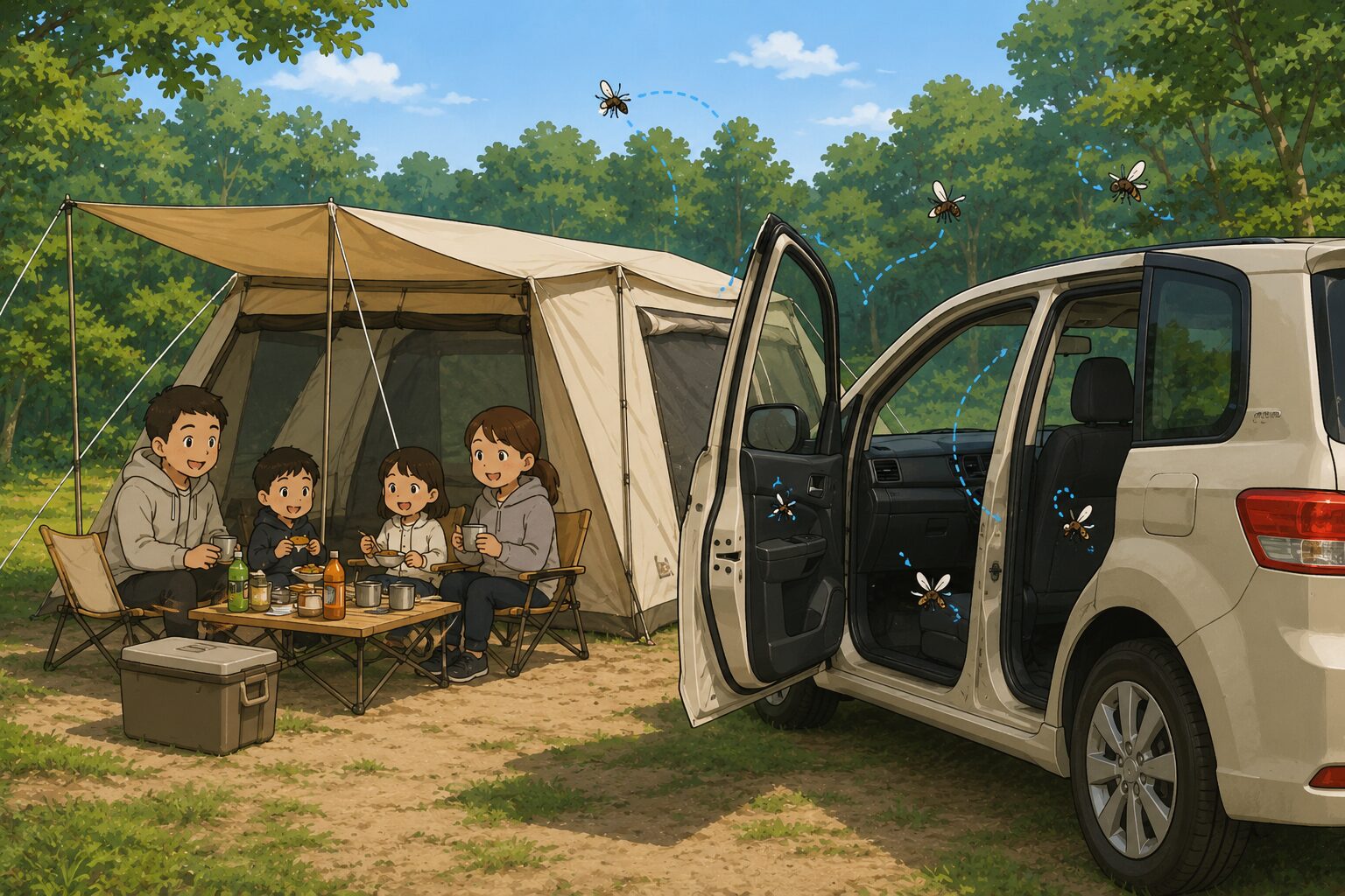 キャンプ中に開けっぱなしの車のドアから虫が入りやすくなる様子のイメージ
