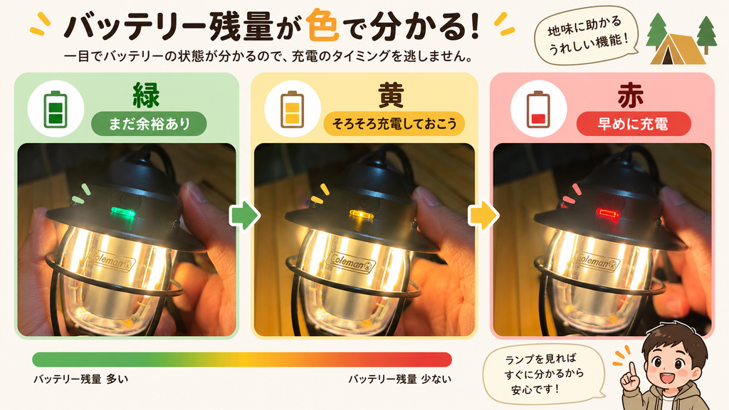 コールマン キャンピングミニランプのバッテリー残量を緑・黄・赤のインジケーターで確認する方法を示した図解