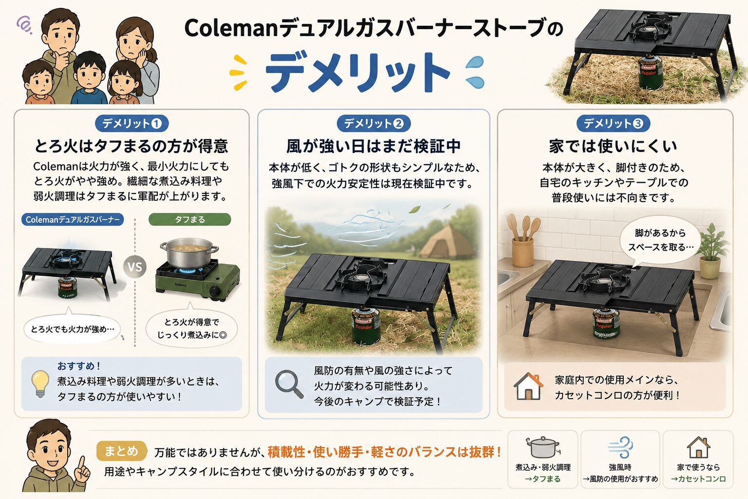 Colemanデュアルガスバーナーストーブの3つのデメリット(とろ火・風・家庭利用)をまとめた図解