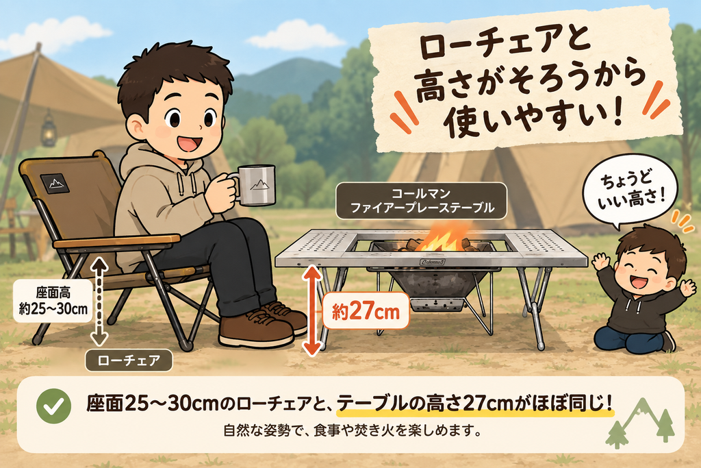 ファイアープレイステーブルとローチェアの高さを比較した図解