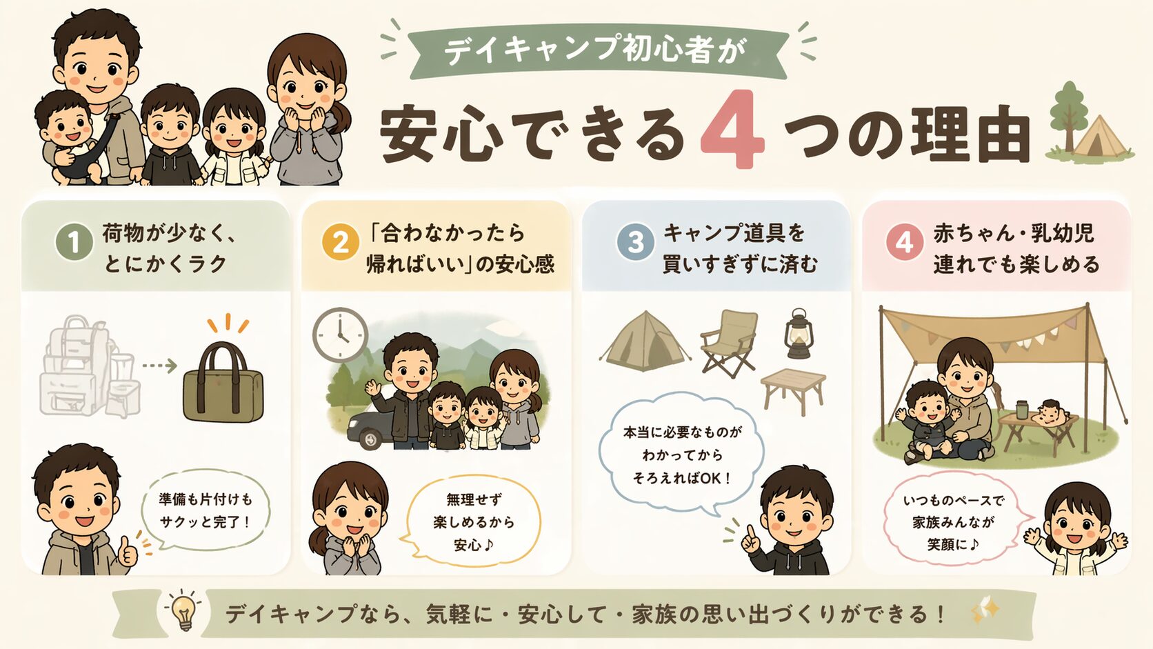 デイキャンプ初心者が安心できる4つの理由を解説したファミリーキャンプの図解(荷物が少ない・すぐ帰れる・道具を買いすぎない・子連れOK)