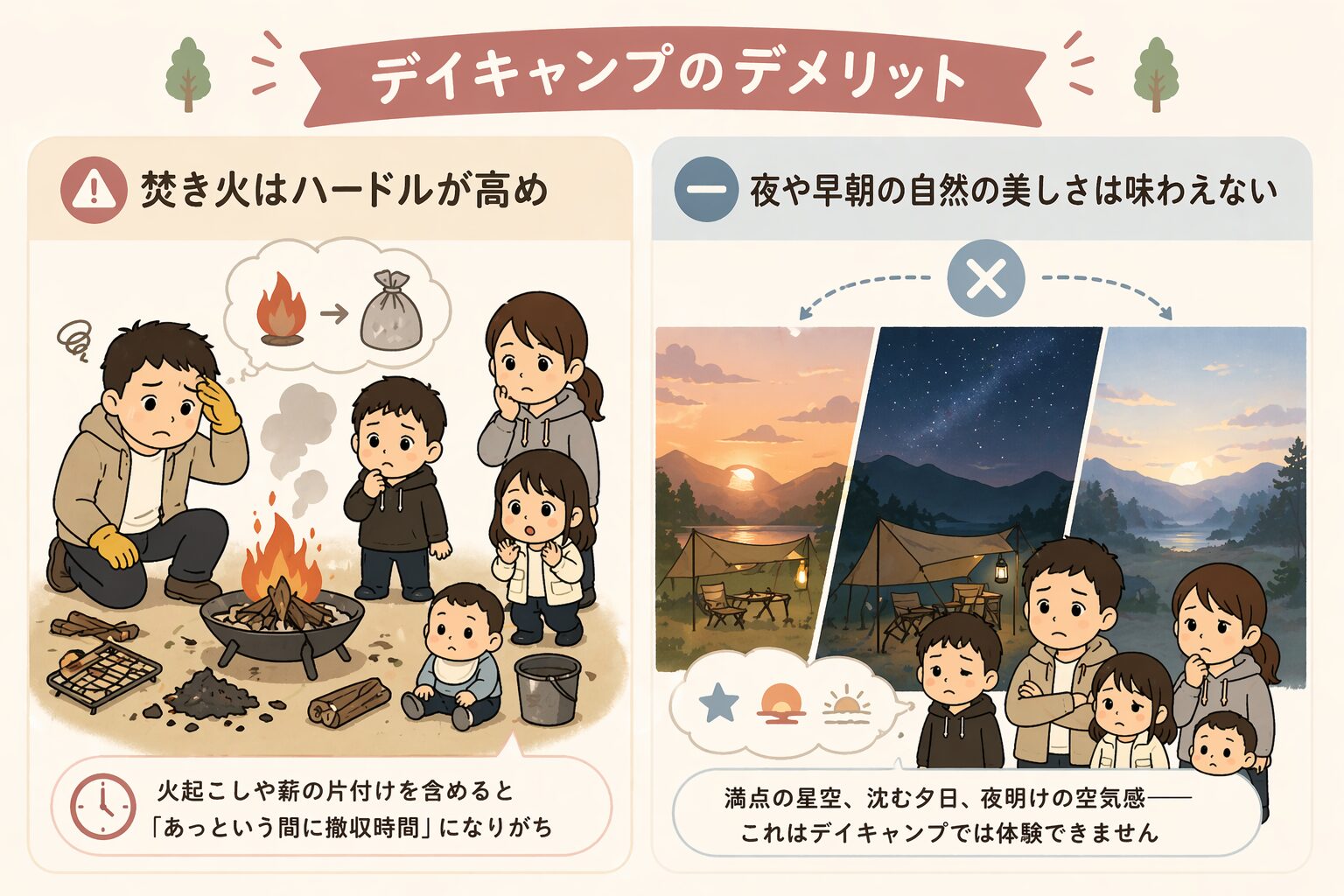 デイキャンプのデメリットを解説した図解(焚き火は準備や片付けが大変・夜や早朝の自然は楽しめない)