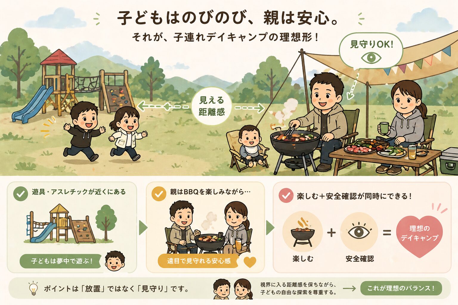 子連れデイキャンプで遊具の近くを選び、親はBBQをしながら見守る理想のスタイルを示した図解(遊びと安全確認の両立)