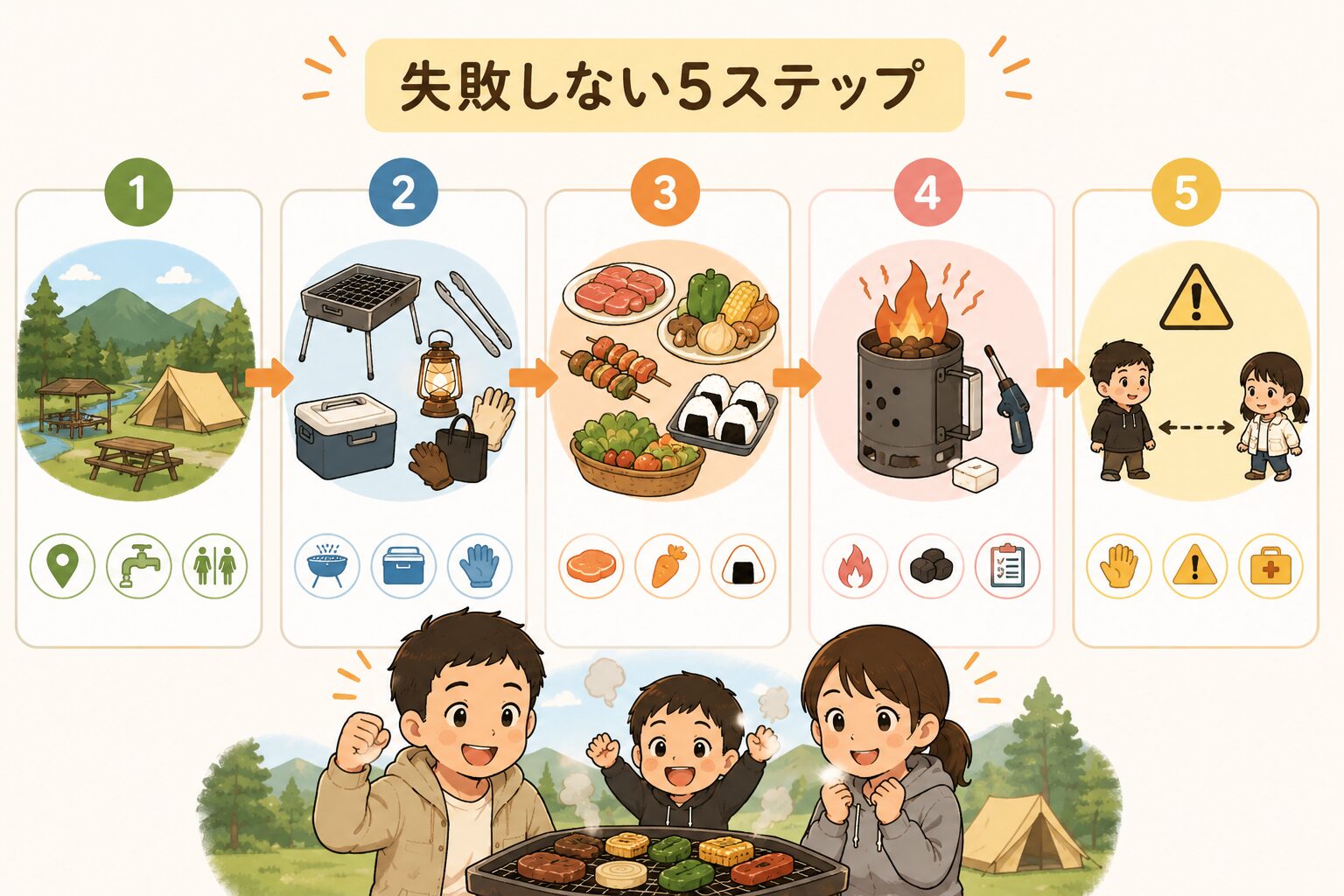 初心者ファミリー向けに子連れバーベキューの5ステップをまとめたイラスト図解