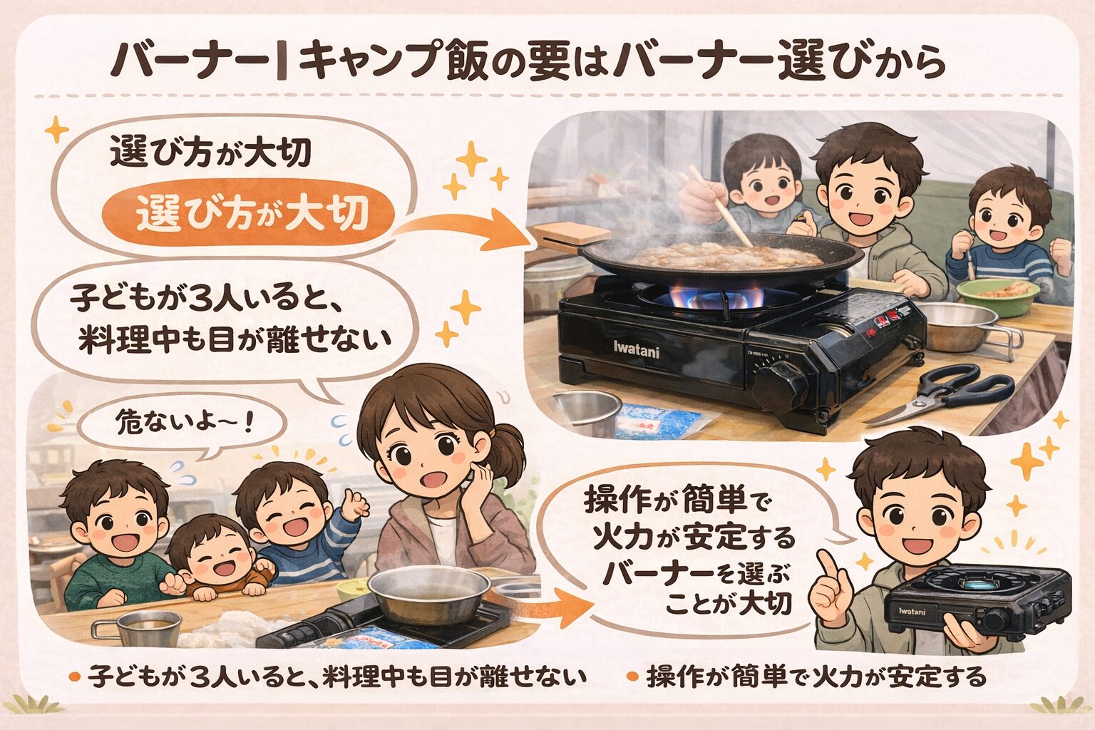 ファミリーキャンプでイワタニのカセットガスバーナーを使って家族で調理している様子