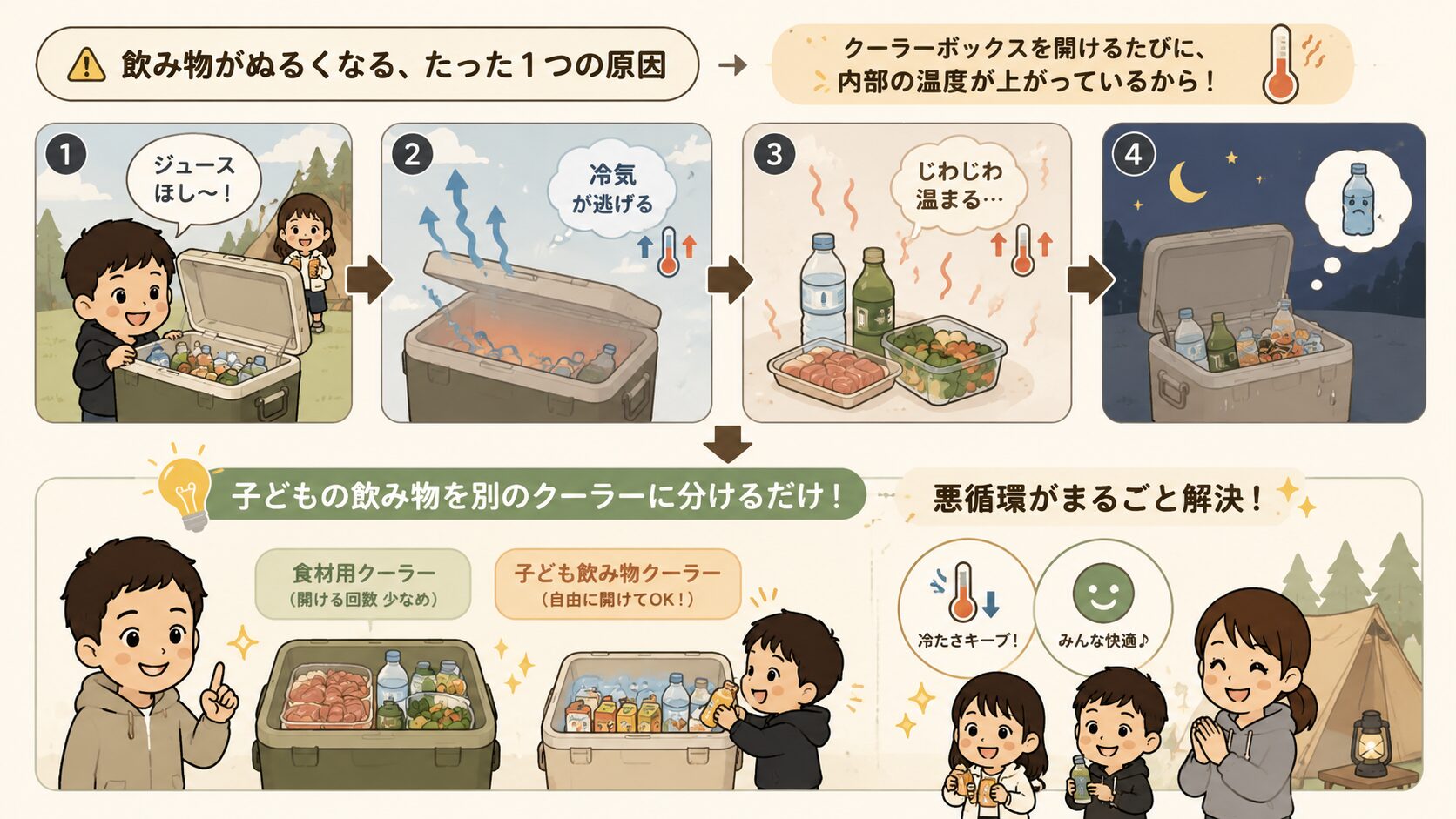 子連れファミリーキャンプで飲み物用クーラーを分けるメリットを解説した図解