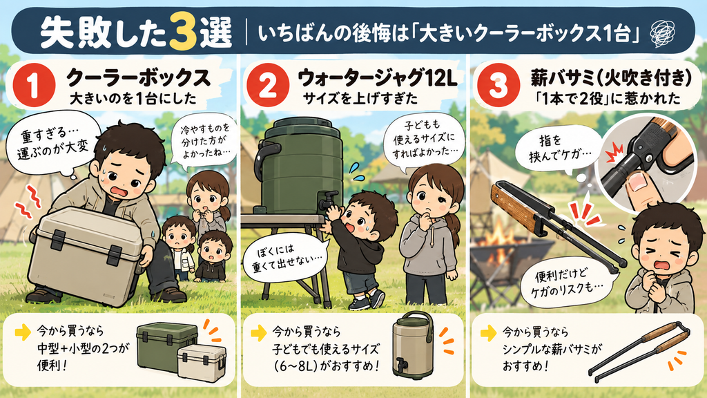 ファミリーキャンプで失敗したキャンプ道具3選|大きなクーラーボックス・12Lウォータージャグ・薪バサミ
