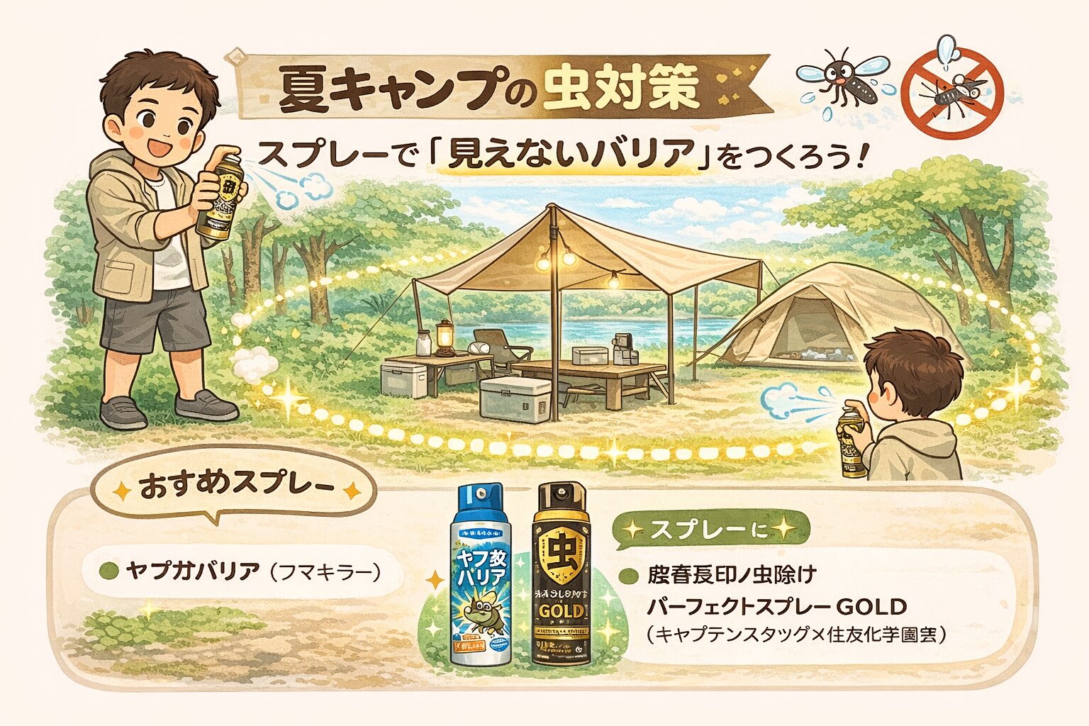 ファミリーキャンプのサイト周りに忌避剤スプレーをぐるりと噴射してバリアを作っている図解
