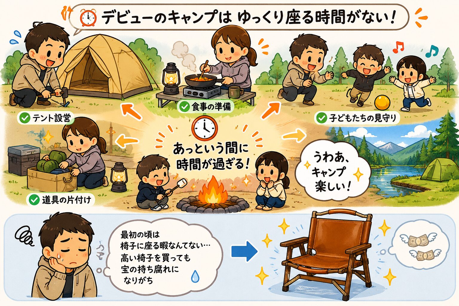 初心者のファミリーキャンプは椅子に座る時間が少ないことを示した図解