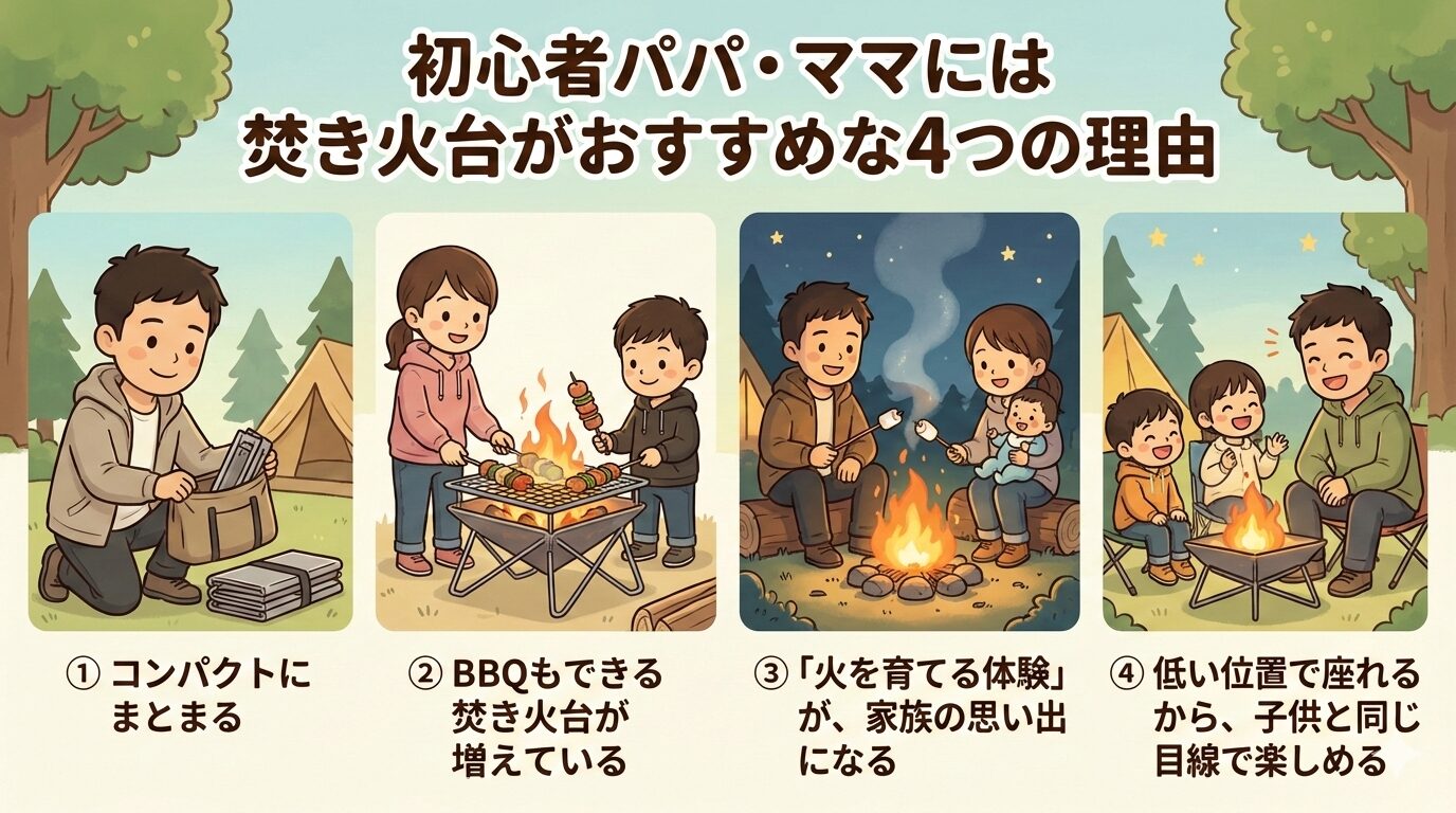 初心者パパ・ママには焚き火台がおすすめな4つの理由をまとめた図解