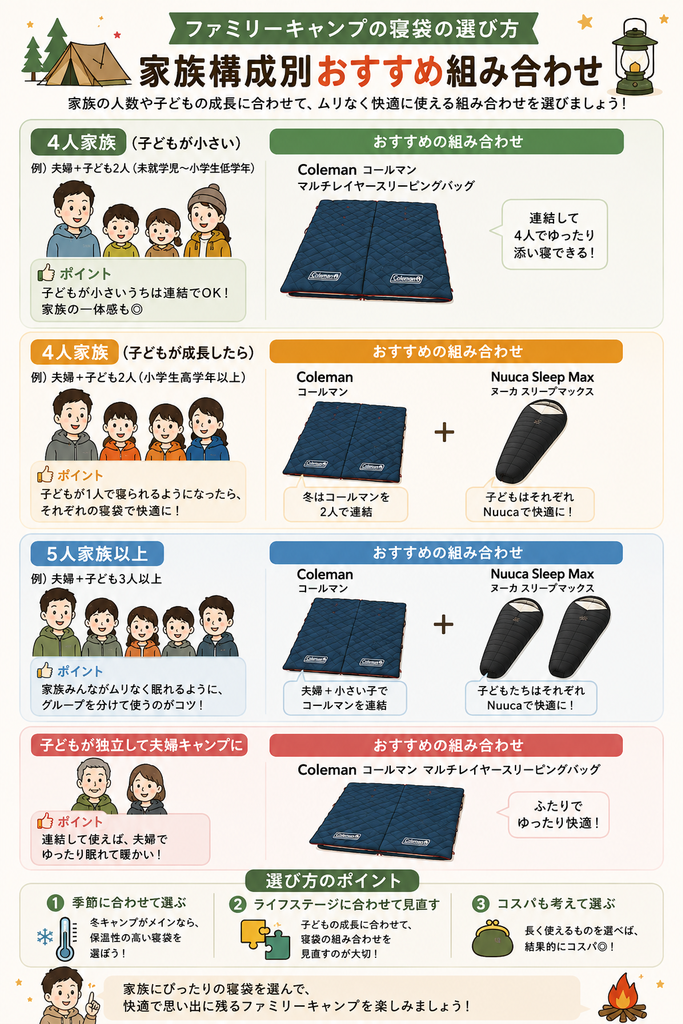 ファミリーキャンプの寝袋の選び方を家族構成別に紹介する図解
