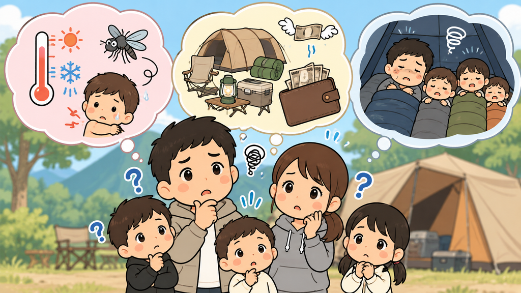 ファミリーキャンプで初めてテント泊をする前に感じやすい3つの不安を表したイラスト