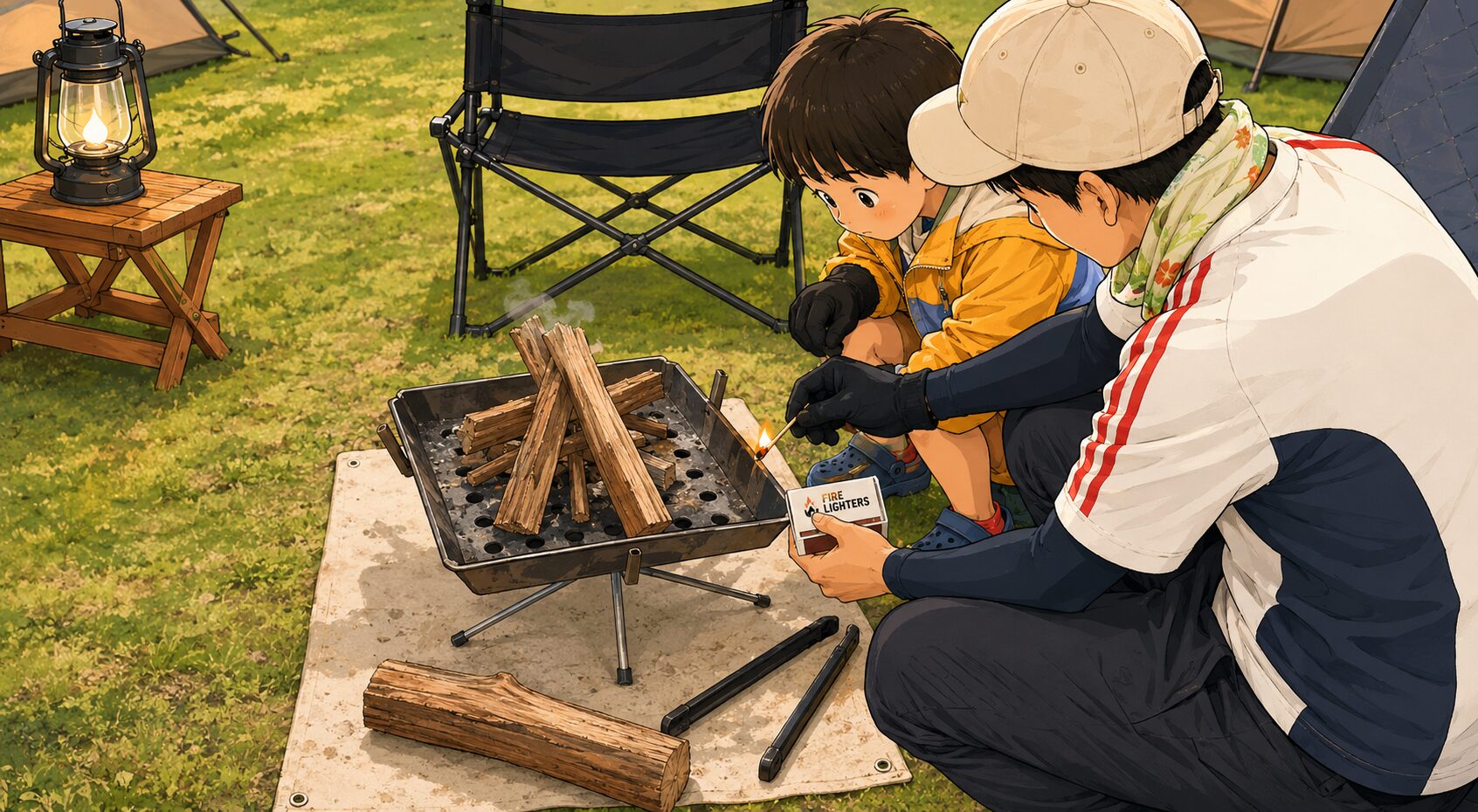 子どもと一緒に焚き火へ着火するファミリーキャンプの様子