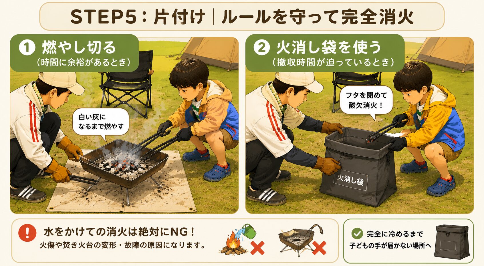 焚き火を燃やし切る方法と火消し袋を使う完全消火の図解