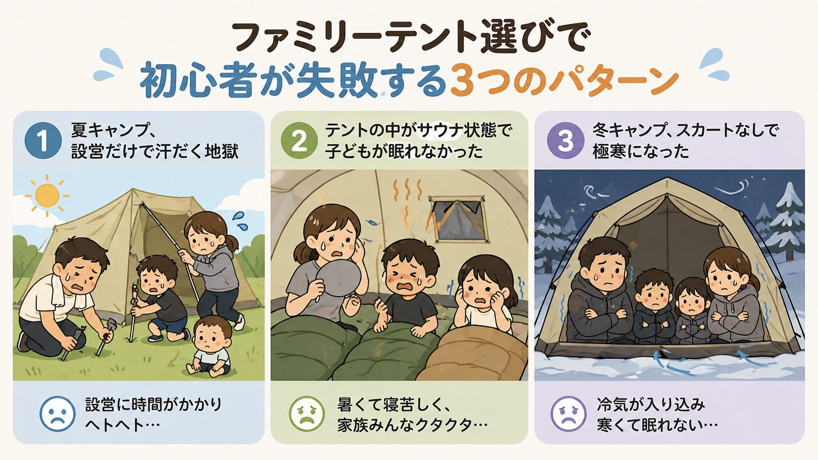 ファミリーテント選びで初心者が失敗する3つのパターン(夏の設営で汗だく、テント内が暑すぎて眠れない、冬にスカートなしで寒い)