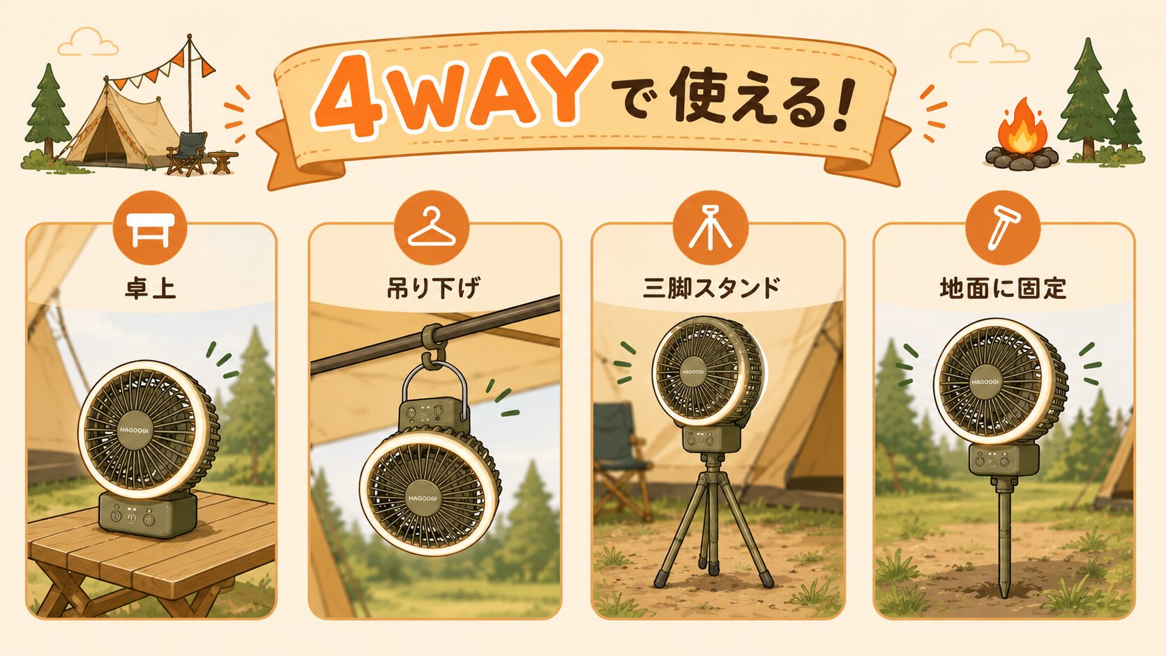 HAGOOGI扇風機の4WAY使用方法