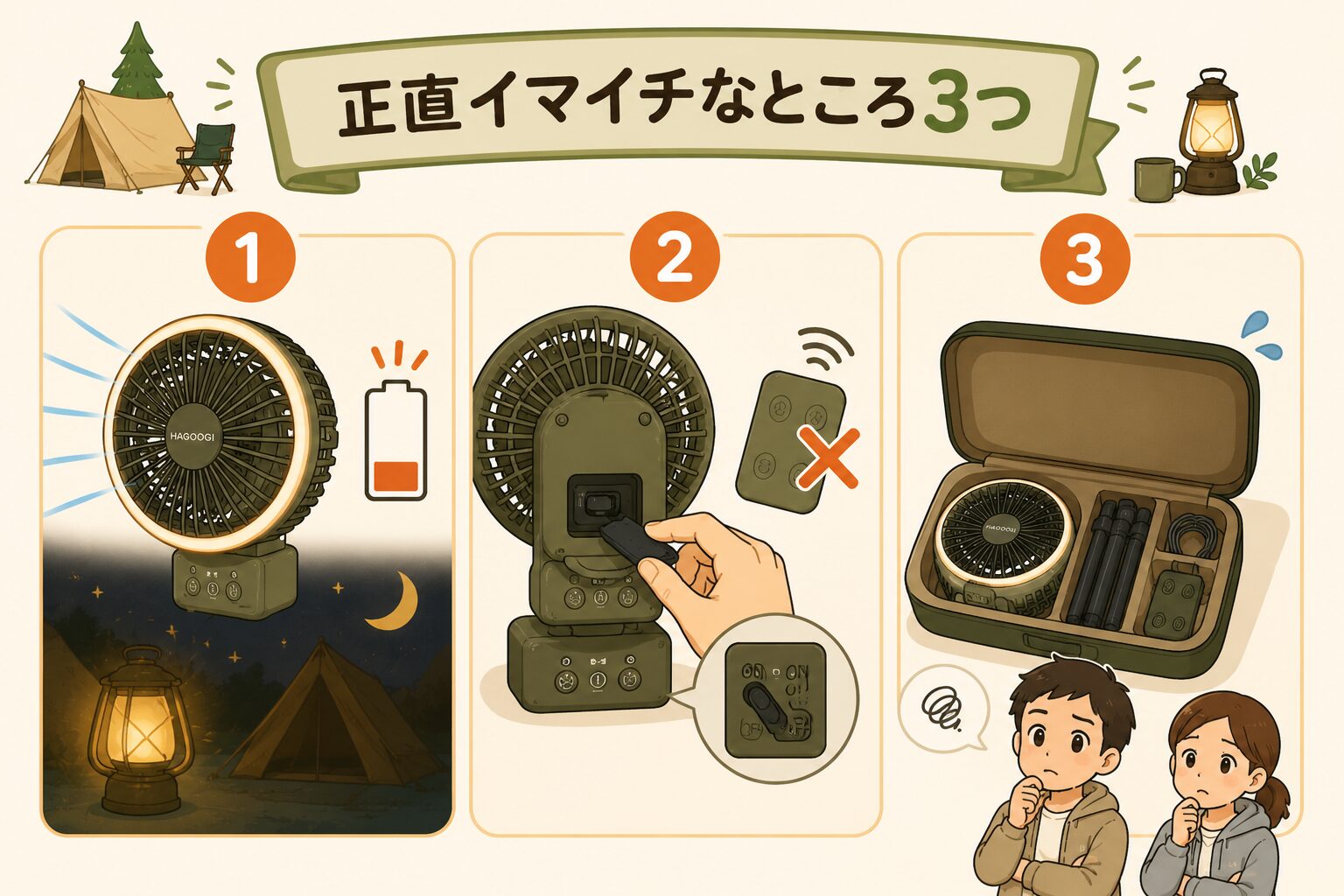 HAGOOGIキャンプ扇風機を1年間使ってわかった3つのデメリットをまとめた図解