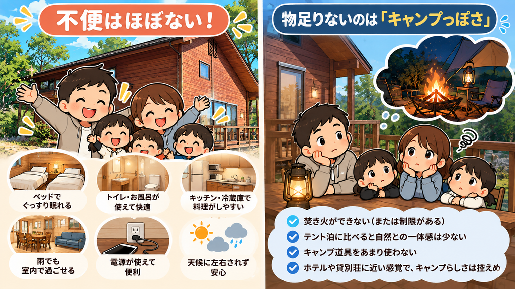 ケビン泊は不便が少ない一方でキャンプらしさが少ないことを示した比較図解