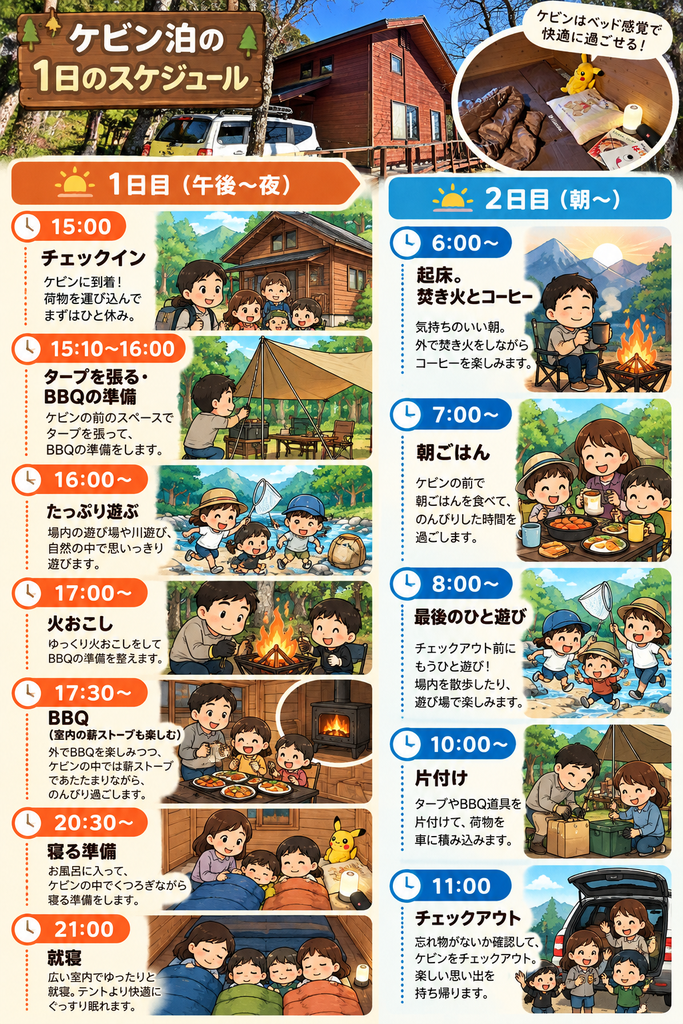 ケビン泊の1日のスケジュールをチェックインからチェックアウトまで時系列で紹介する図解