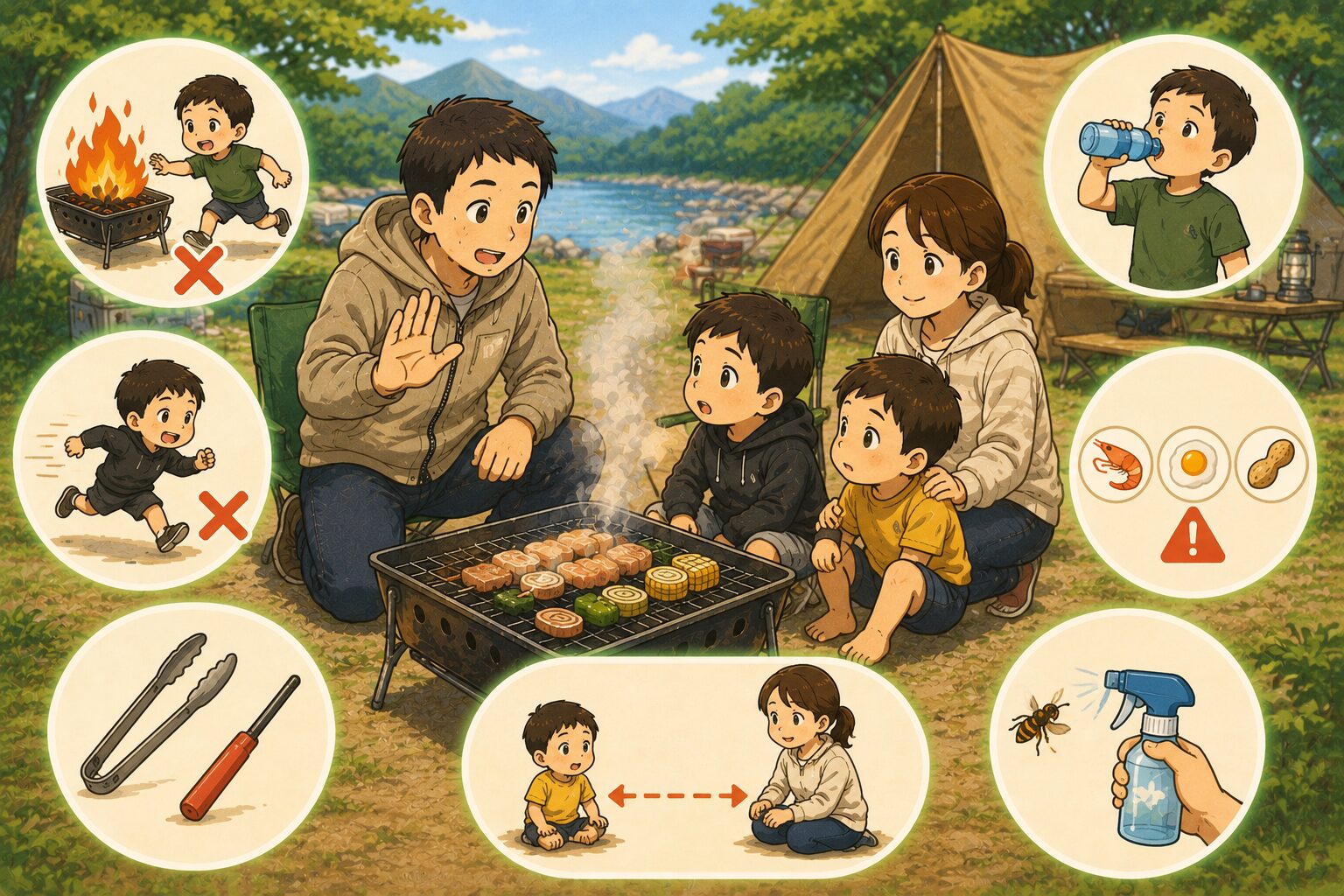 子連れBBQで火や道具から子どもを守る安全対策を表現したイラスト図解