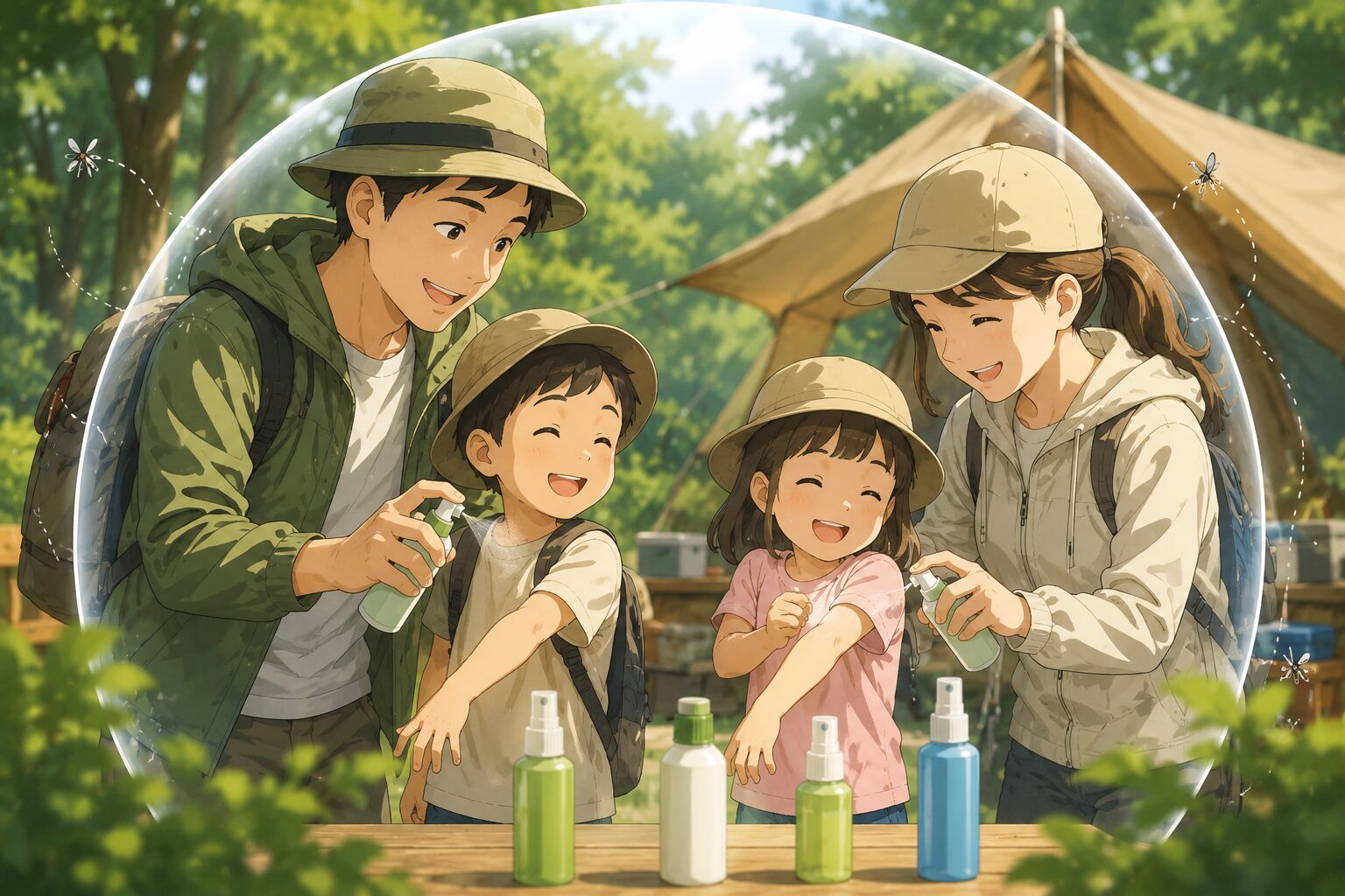 子どもの年齢に合わせて虫よけスプレーを選ぶファミリーキャンプ向けイメージ