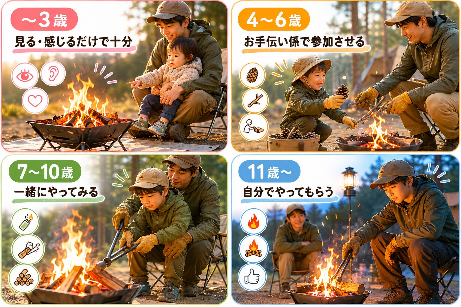 子どもの年齢別に焚き火への参加方法を解説したファミリーキャンプ向け図解